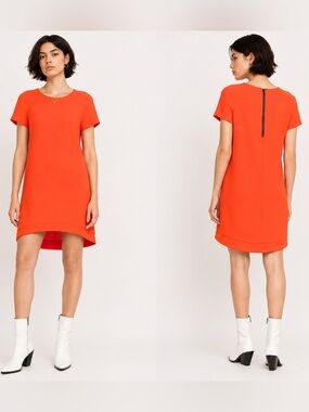 Topshop Short Sleeve Shift High Low Bright Orange Dress
